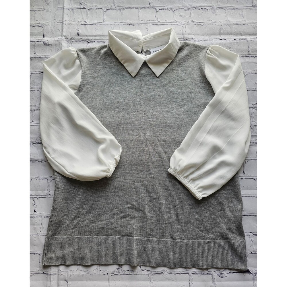 Stitchcount Gray White Collared Sweater Blouse Women’s Size L Long Sleeve Pre-Ow